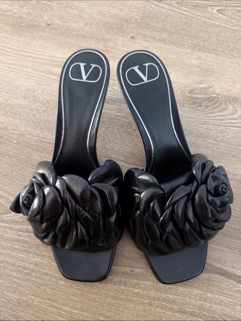 Valentino Black Leather Rosette Slide Sandals